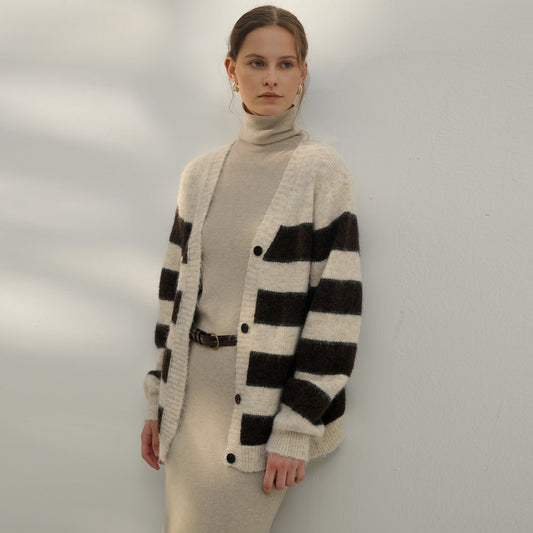 Autumn Winter Lazy Sweater Women Retro Gentle Casual Three Dimensional Striped Contrast Color V neck Long Sleeve Knitted Cardigan