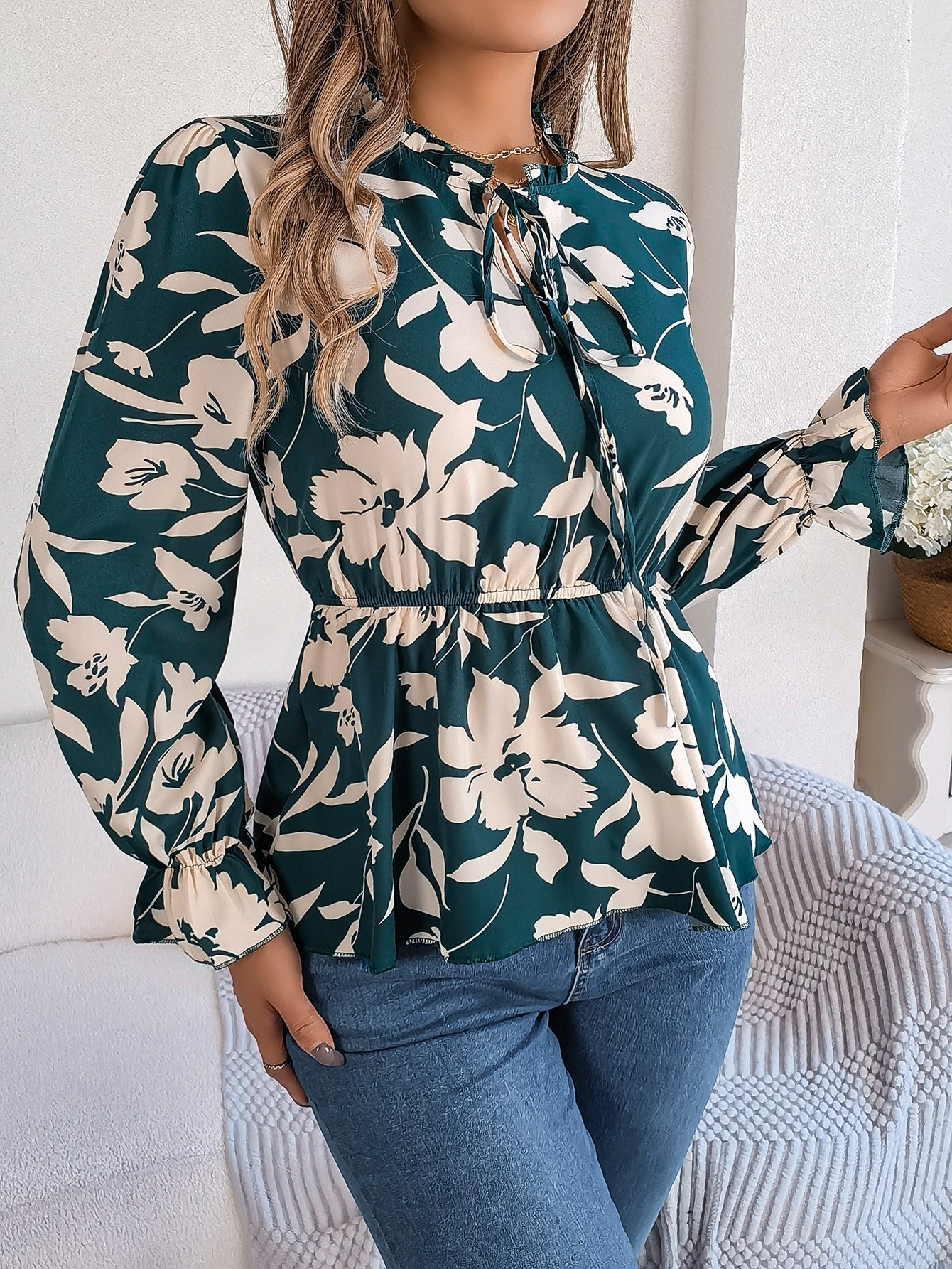 Real Shot Spring Summer Casual Floral Lace up Long Sleeve Chiffon Shirt Top Women Clothing