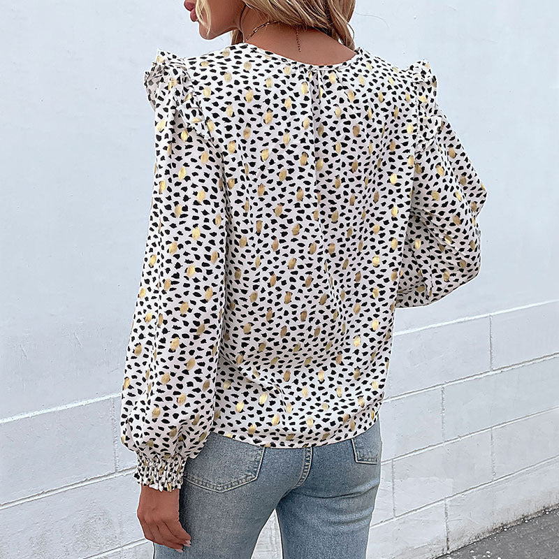 Women Wear Long Sleeve Bronzing Ruffled Shirt