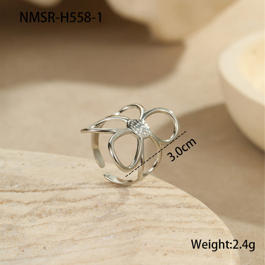Gold Silver Color Matching Hollow Out Cutout out Floral Titanium Steel Ring Stainless Steel Earrings Mild Luxury Retro Earrings Hand Jewelry