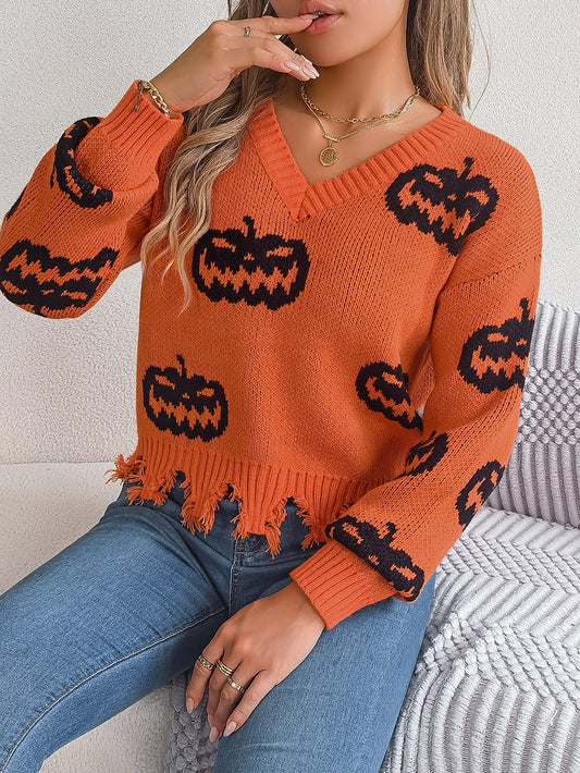 Autumn Winter Halloween Contrast Color Pumpkin Cut Rotten Long Sleeve Pullover Women Clothing