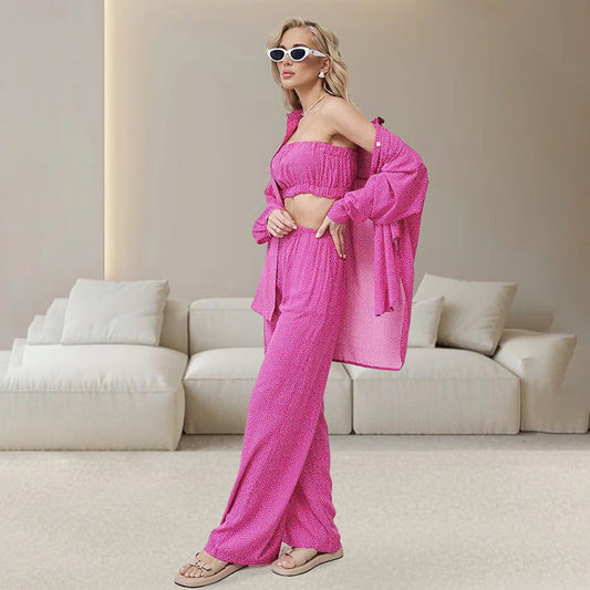 Autumn Blue Color Leopard Print Pajamas Tube Top Cardigan Long Sleeve Pants Women Homewear