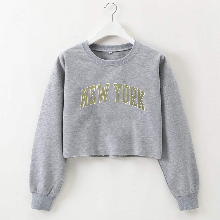 Women Clothing Autumn Winter York Letter Graphic Printing Short Loose Long Sleeves Sweatshirt