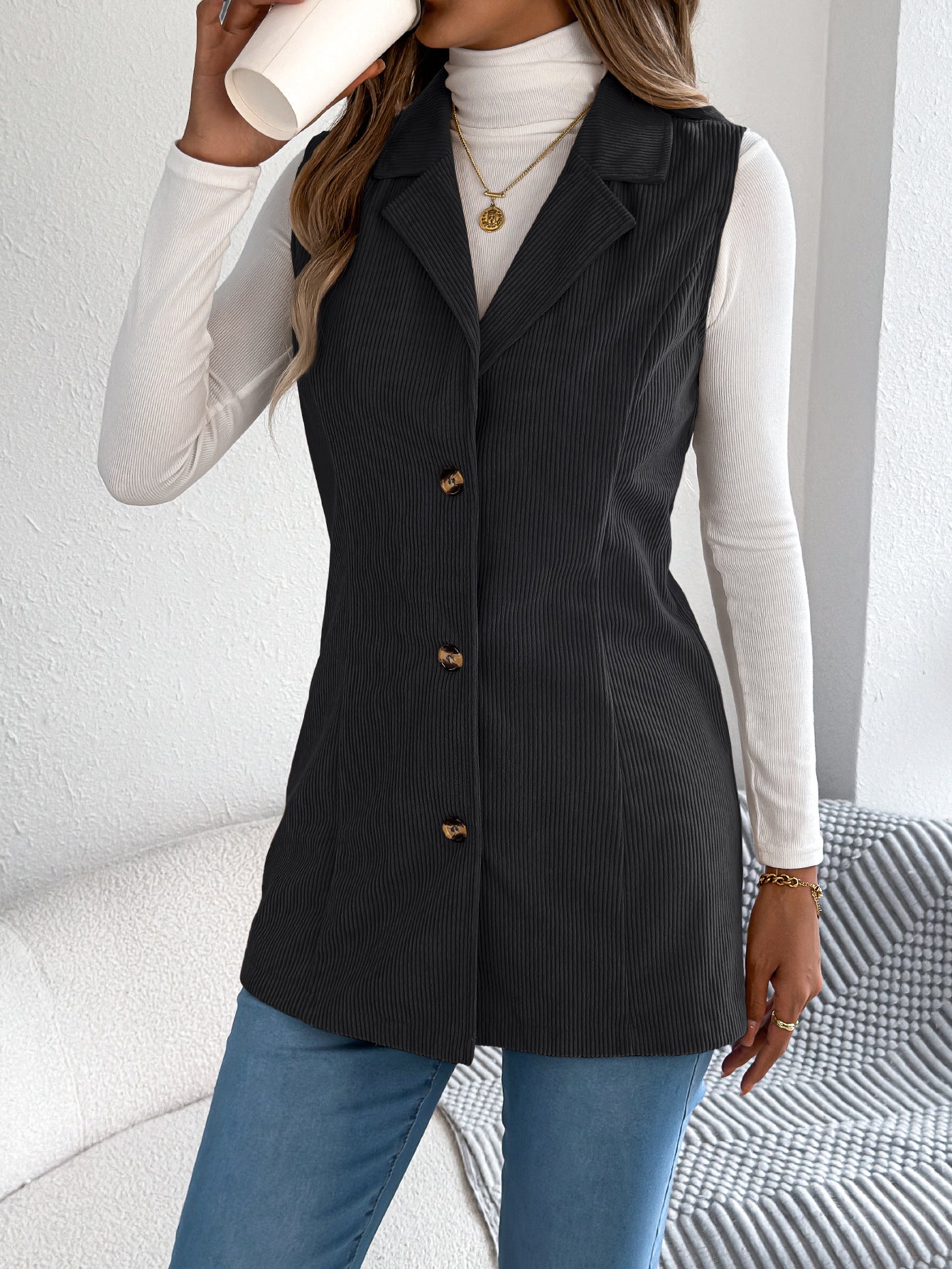 Fall Winter Casual Single Breasted Blazers Collar Corduroy Vest Coat Women Clothing