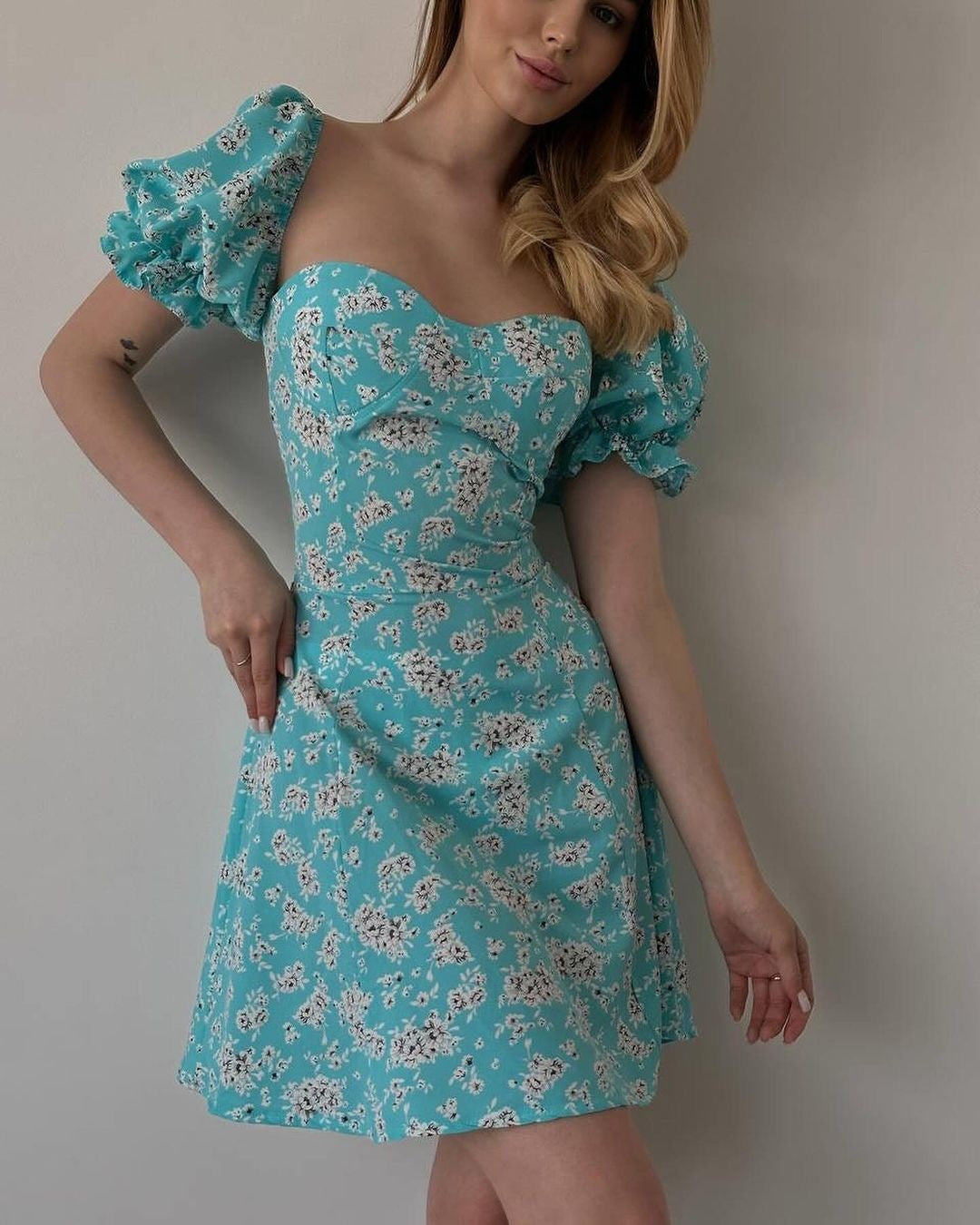 Spring Summer Wear Women Clothing Lace up Vintage Floral High Waist Puff Sleeve French Dress