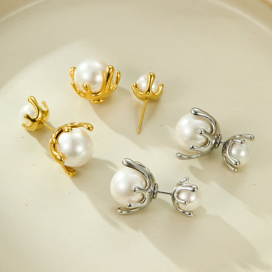 French All Matching Retro Titanium Steel One for Dual Wear Pearl Stud Earrings Personality Trend Light Luxury Earrings Women
