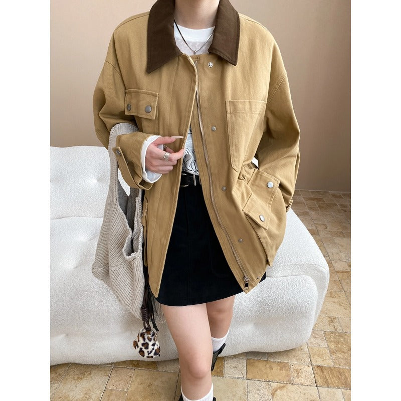 Autumn Day Barne Color Contrast Patchwork Collared Waist Tight Slimming Work Clothes Pocket Jacket Coat