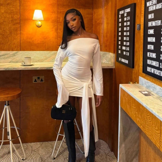 Autumn Winter Graceful Fashionable Solid Color Women Shoulder Waist Controlled Lace up Sheath Dress