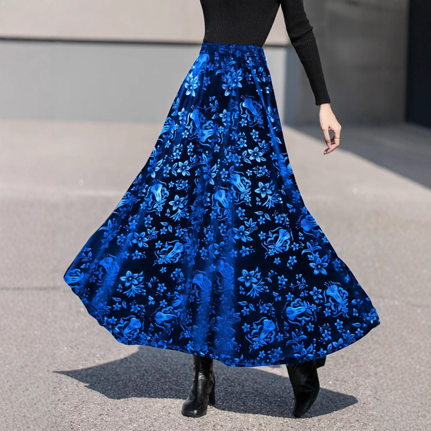 Autumn Winter Elegant High Grade Large Swing Skirt Printed Velvet Skirt Women Clothing