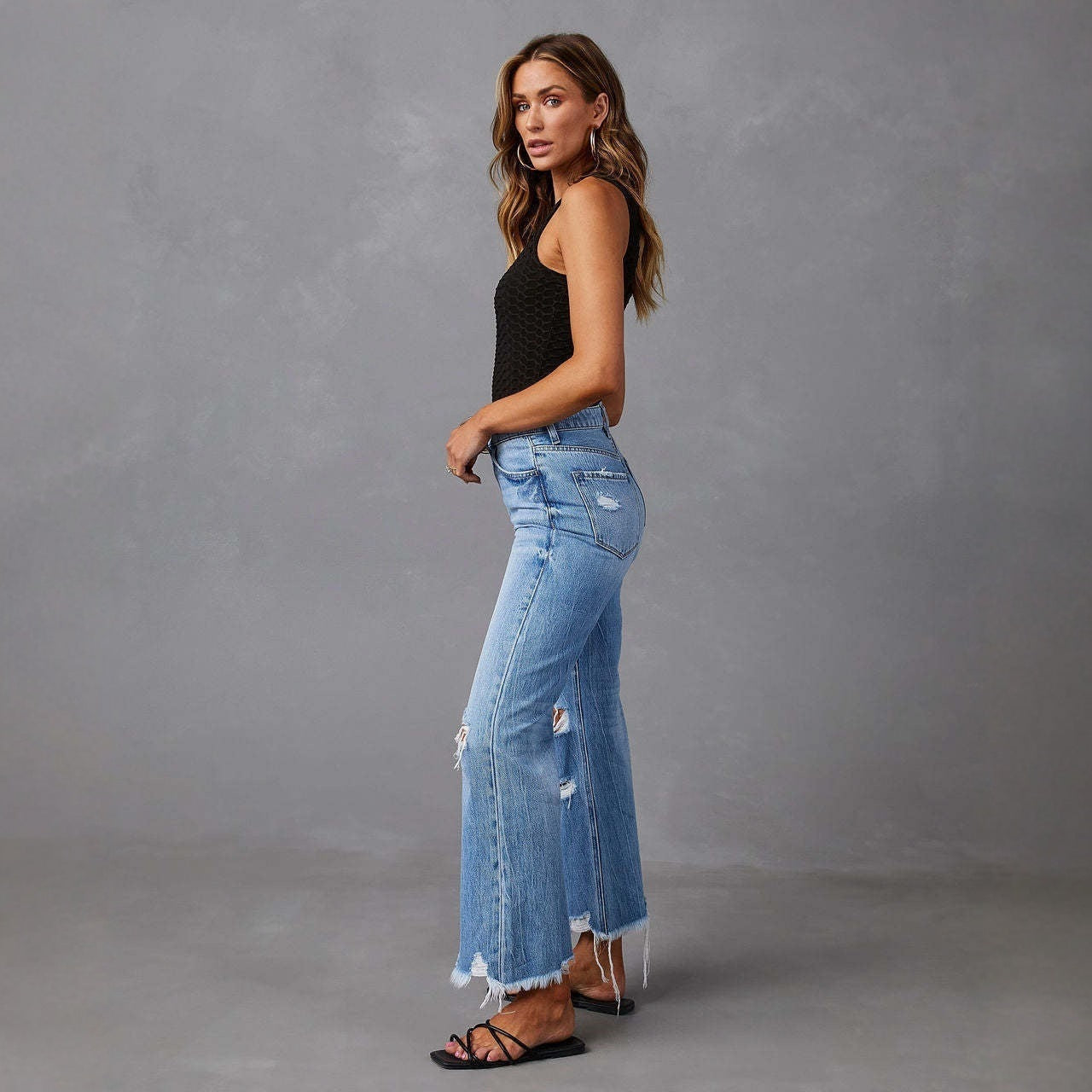 Ripped Tassel Washed Wide Leg Women Jeans