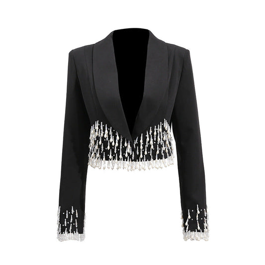 Fashionable Blazer Women Summer Heavy Industry Rhinestone Stitching Design Long Sleeve Short Small Blazers