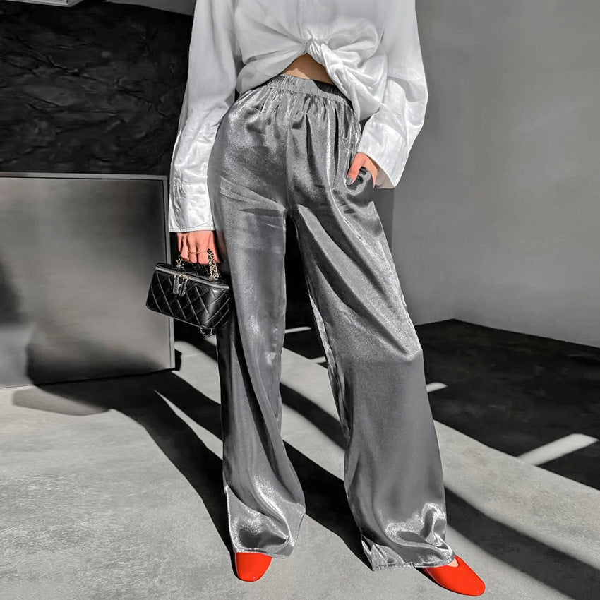 Summer All Matching Yarn Gold Solid Color Mid Waist Elastic Band Trousers Russian Office Casual Pants Women Clothing