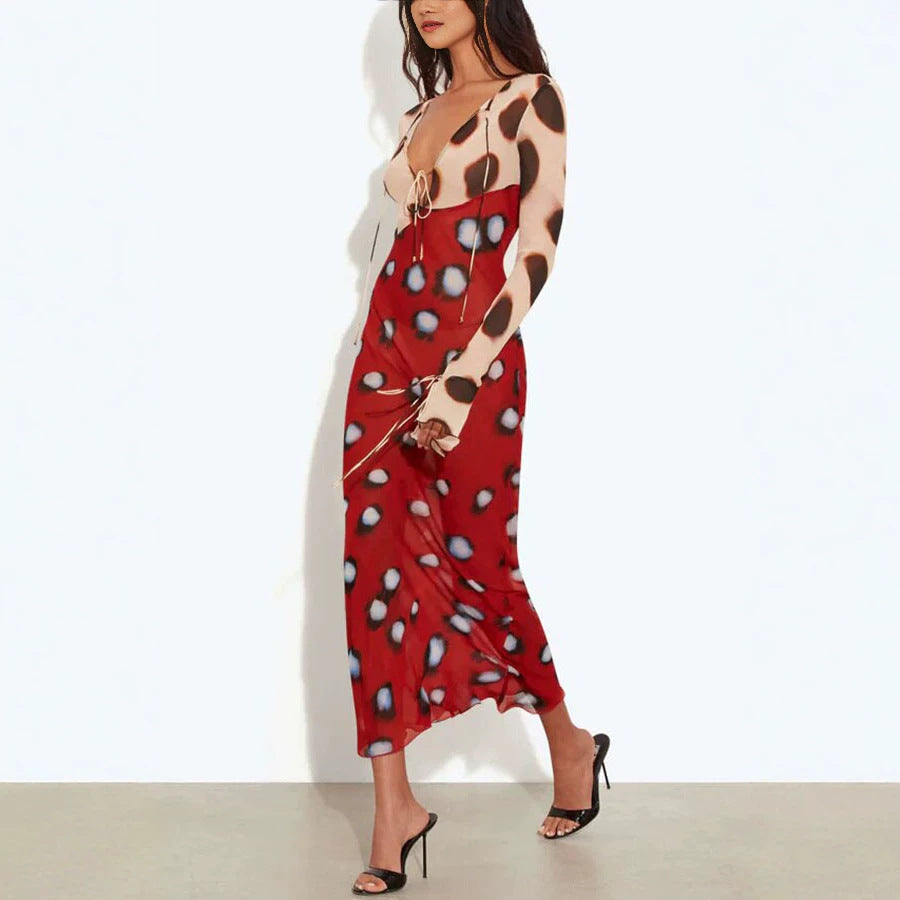 Mesh Printed Lace up Long Sleeve Dress Stretch See through Women Dress