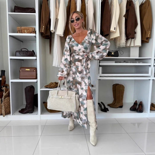 Autumn Winter Printed Waist Controlled Hem Slit Long Sleeve Dress for Women