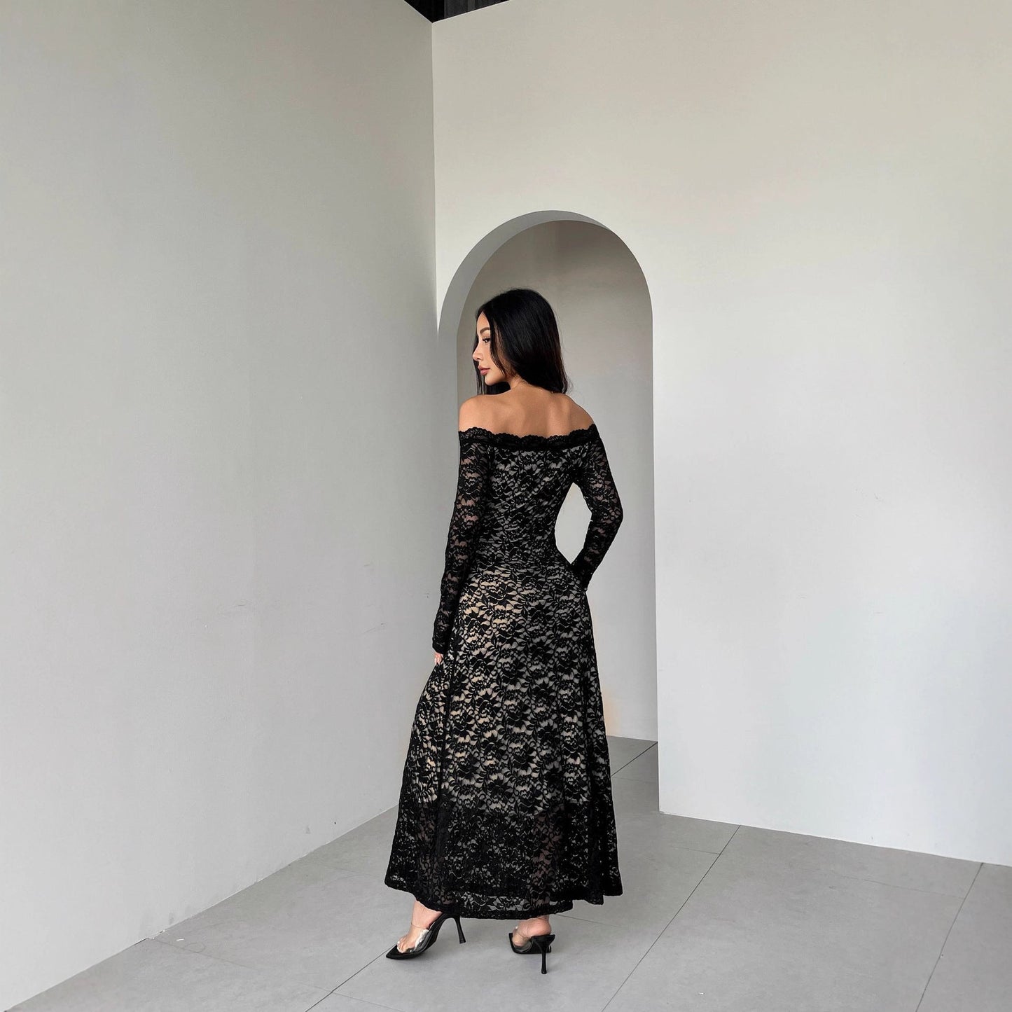 Autumn Winter Long Sleeve Lace off Neck Slim Slimming Maxi Dress Women