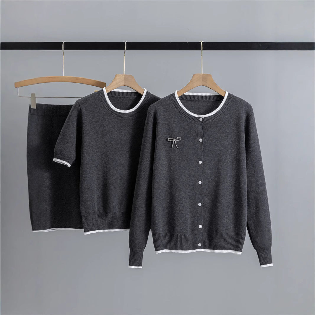 Round Neck Jacquard Contrast Color Cardigan Long Sleeve Patchwork Knitting Top Short Sleeve Top Slimming Short Skirt Three Piece Sets Women