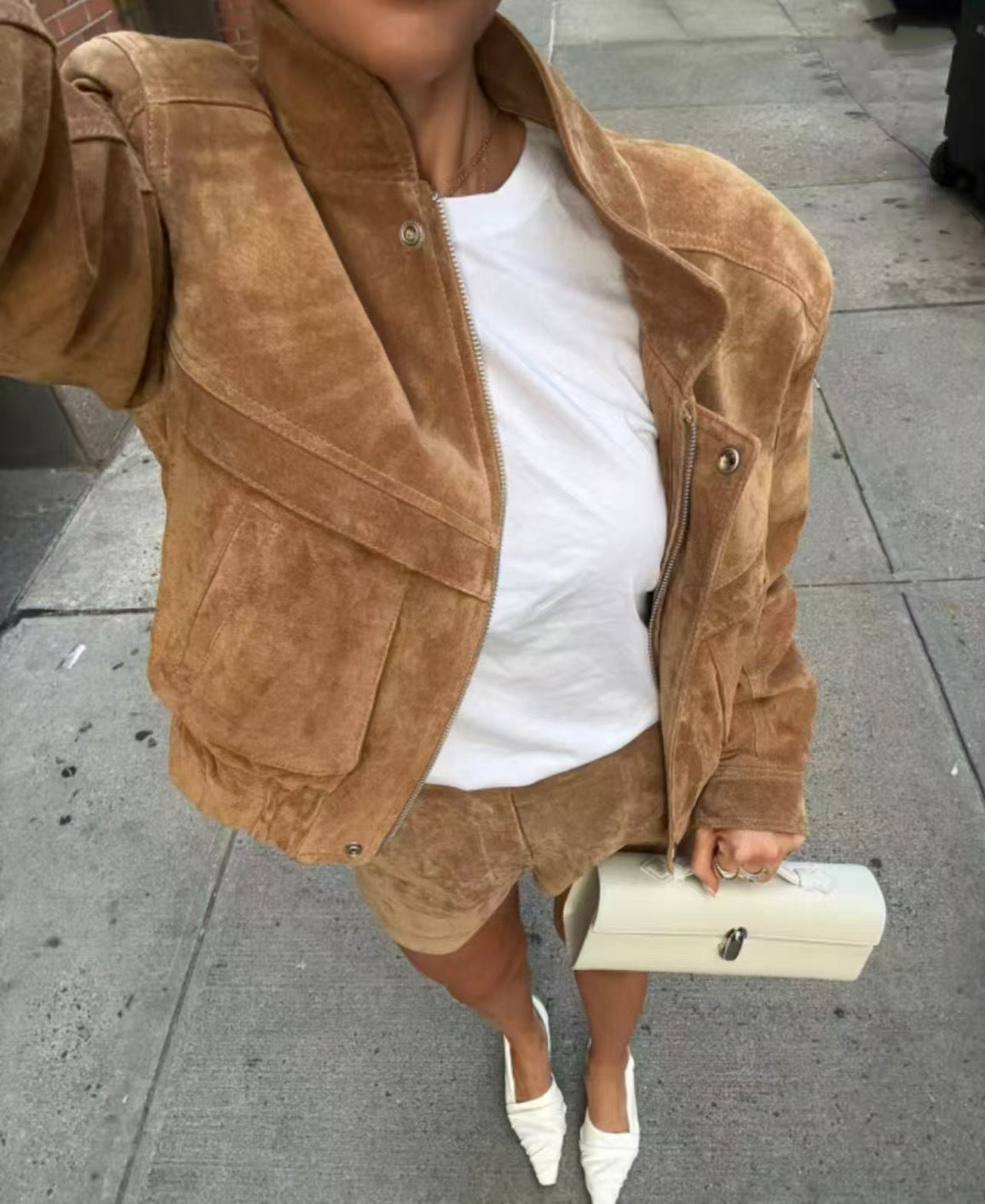 Autumn Winter Retro Suede Locomotive Clothing Jacket Coat Shorts Two Piece Sets