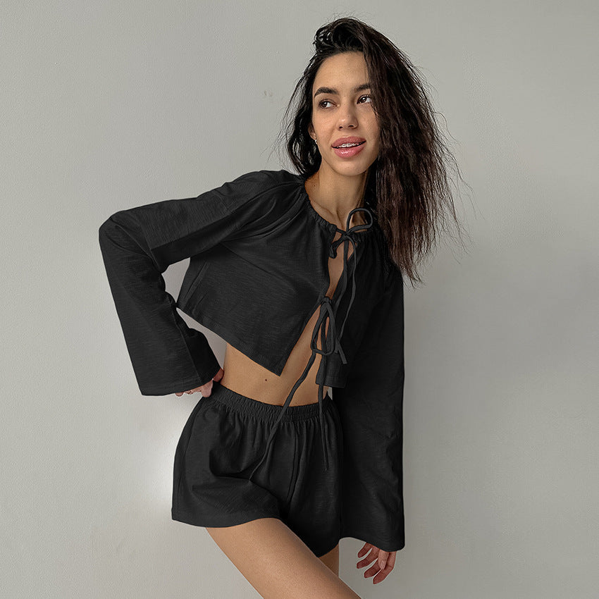 Spring White Pure Cotton Cardigan Lace up Ladies Homewear Casual Long Sleeve Shorts Pajamas Two Piece Set