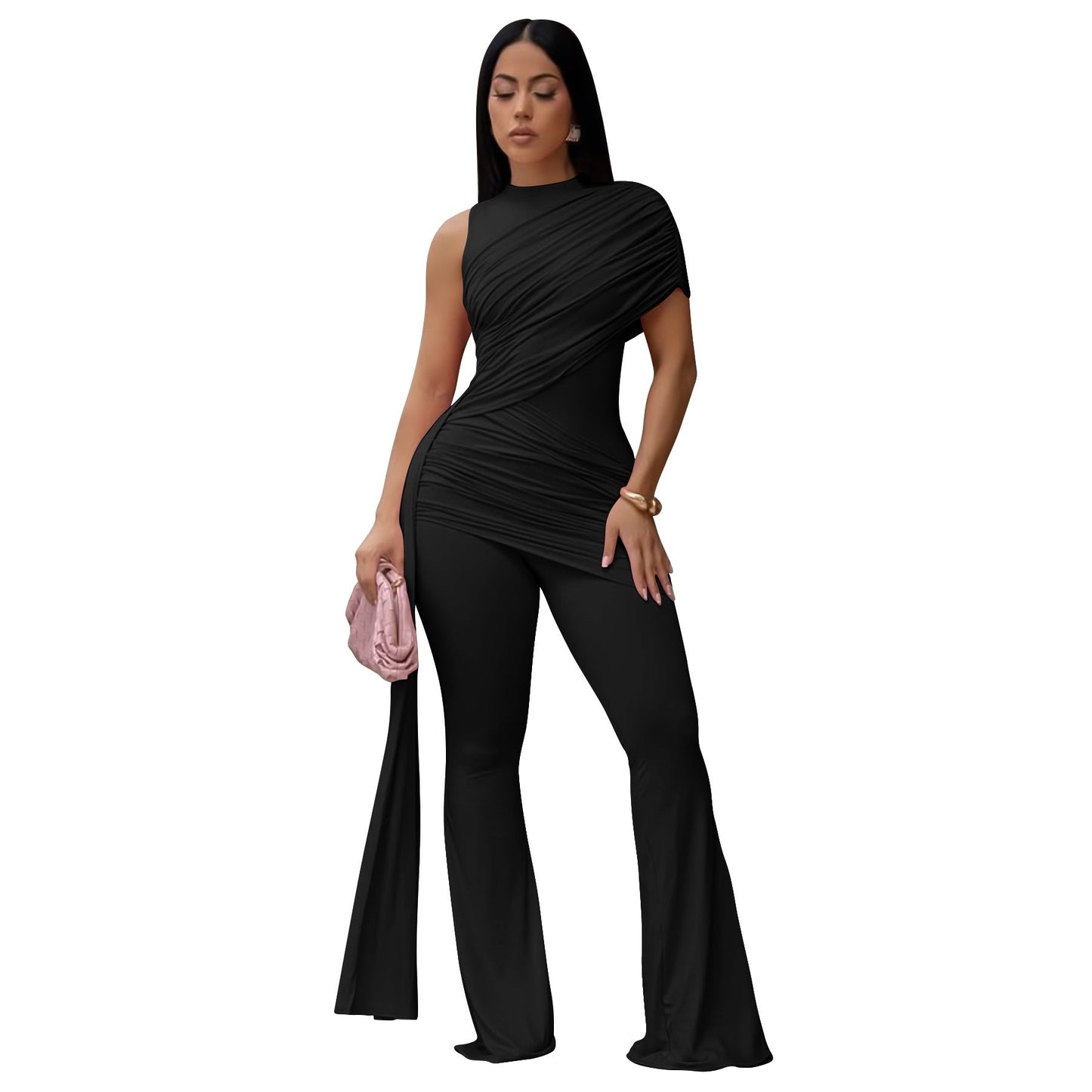 Women Clothing Summer round Neck One Shoulder Pleated Ribbon Sexy Slim Fit
