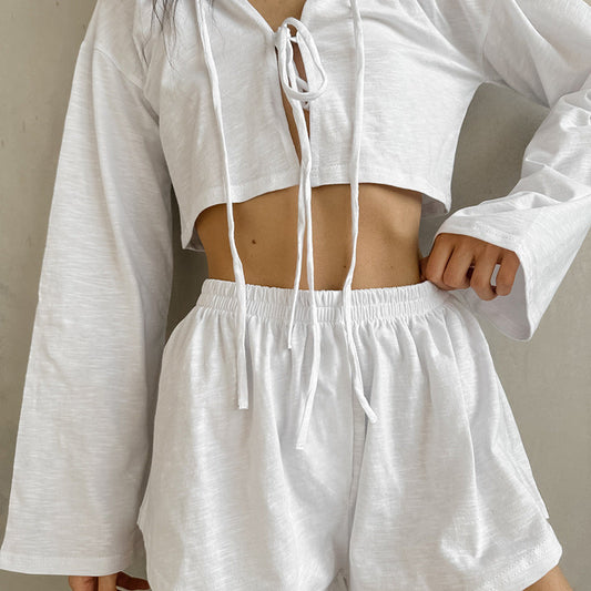 Spring White Pure Cotton Cardigan Lace up Ladies Homewear Casual Long Sleeve Shorts Pajamas Two Piece Set