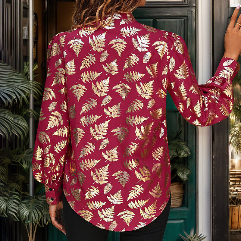 Fall Women Clothing Plant Bronzing Printed Shirt Women
