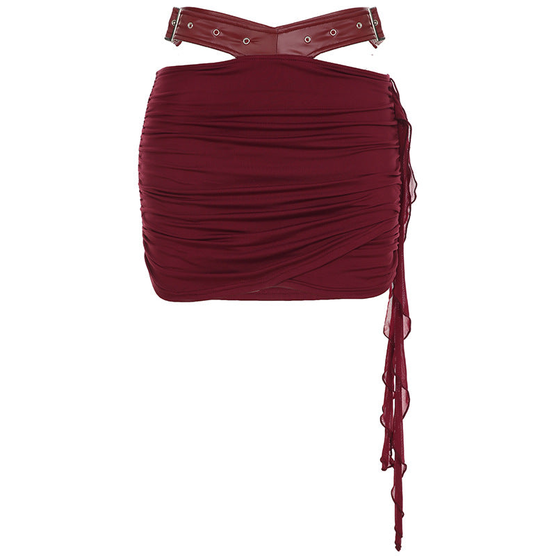Vintage Court Waist Shaping Lace up Tube Top Leather Hollow Out Cutout out Wrist Hanging Package Hip Skirt Set Women