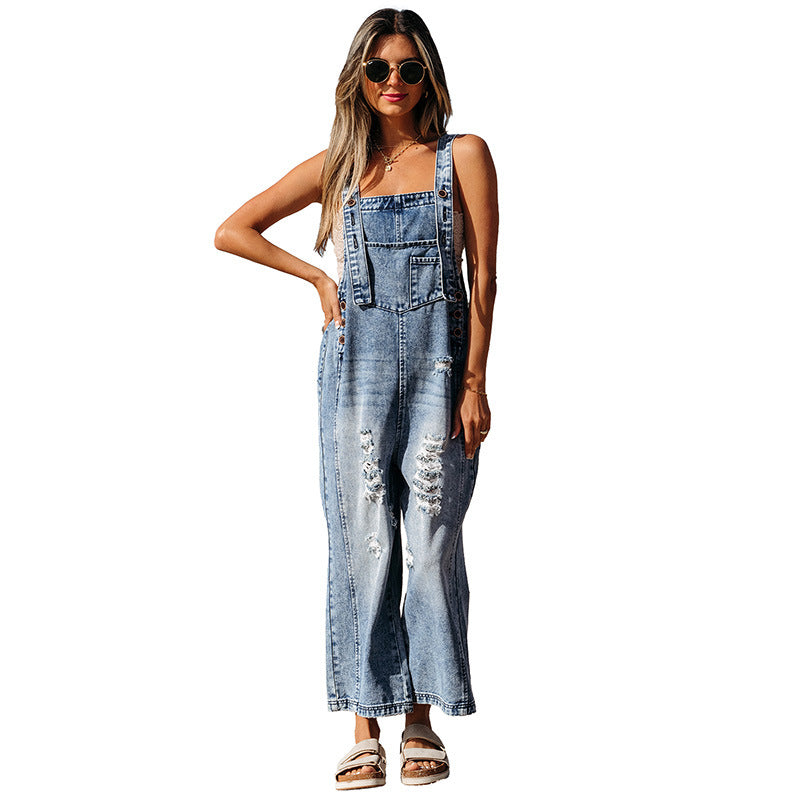 Fall Solid Color Denim Suspender Pants Women Design Ripped Cropped Jumpsuit Women