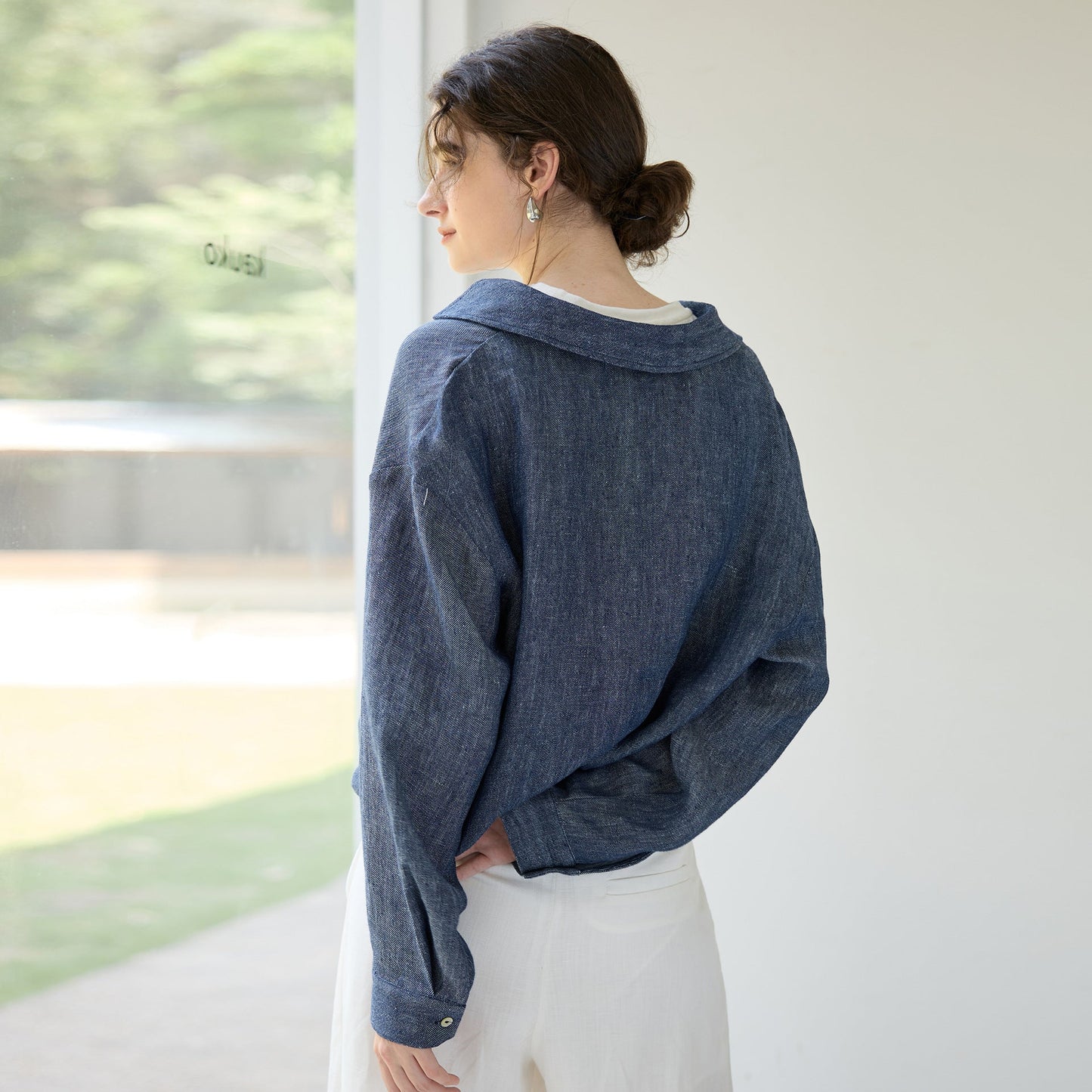 Faux Two Piece Linen Yarn Dyed Women Top Autumn Winter Deep V Plunge Collared Shirt White Vest Stitching