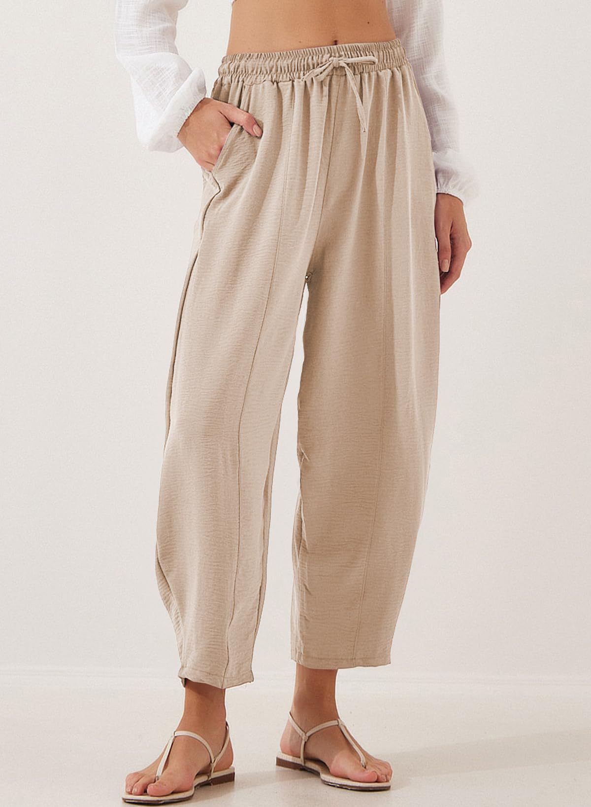 Women Clothing Spring Summer High Waist Loose Vacation Casual Drawstring Pocket Cropped Pants