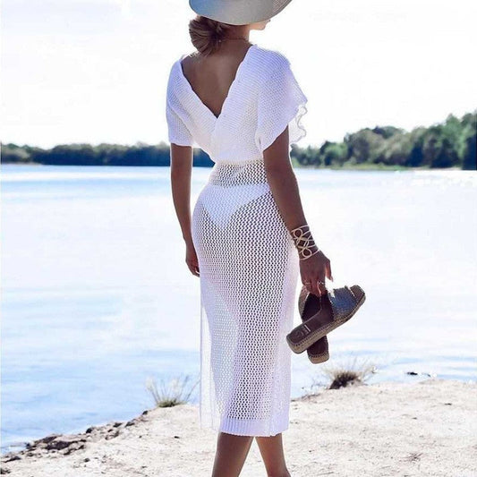 Summer Beach Dress Sexy Slit Short Sleeve Hollow Out Cutout out Strap Bikini Sun Shield Hanfu Long Robe Dress Crochet hook Crochet hook Crochet hook