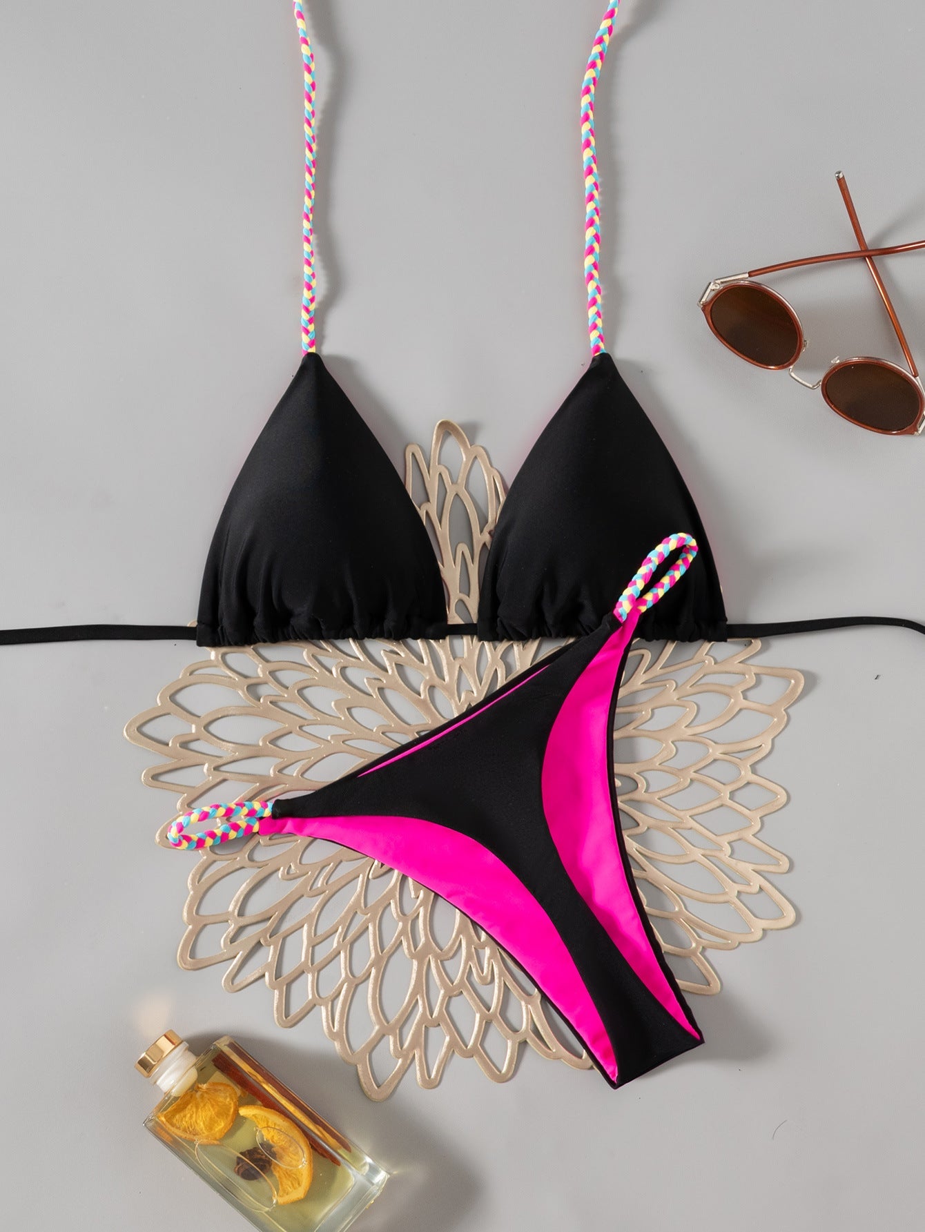 Bikini Contrast Color Lace Up Solid Color T Back Sexy Bikini Split Swimsuit for Women