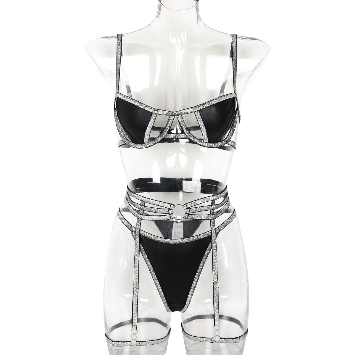 Sexy Underwear Three-Piece Set Gold Silver Silk Line Faux Leather Stitching Sexy Suit Women