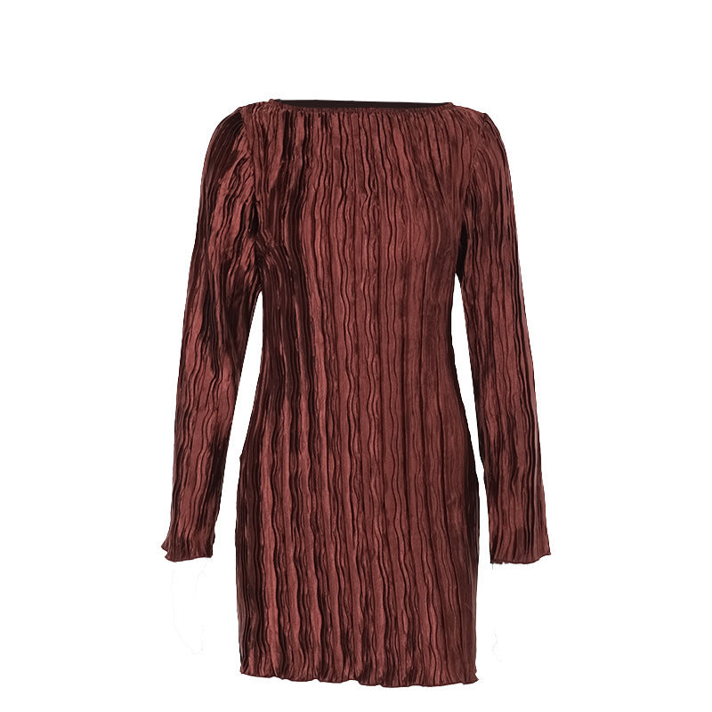 Autumn Elegant Slim Fit Texture Pleated Fabric Long Sleeve Dress Women