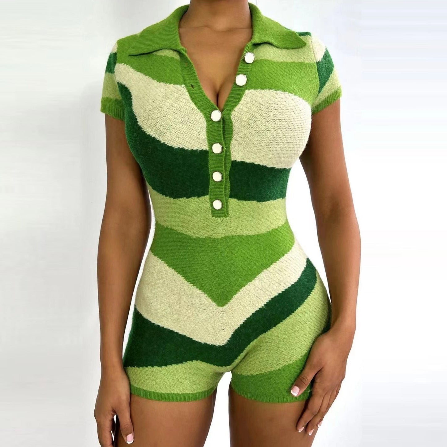 Women Short Sleeve Collared Casual Knitted Jumpsuit Color Contrast Sexy Tight Romper