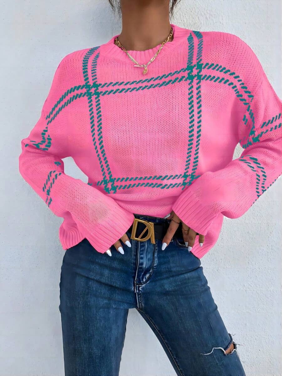 Autumn Winter All Matching Warm round Neck Sweater Women Plaid Drop Shoulder Pullover Sweater