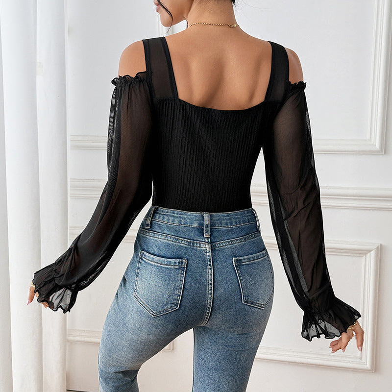 Sexy Wind Black Cold-Shoulder Mesh Long Sleeve Jumpsuit