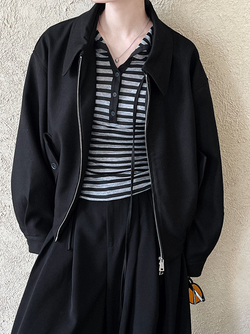 Autumn Maillard Coat Women Collared Drop Shoulder Zipper Design Loose All Matching Long Sleeved Jacket