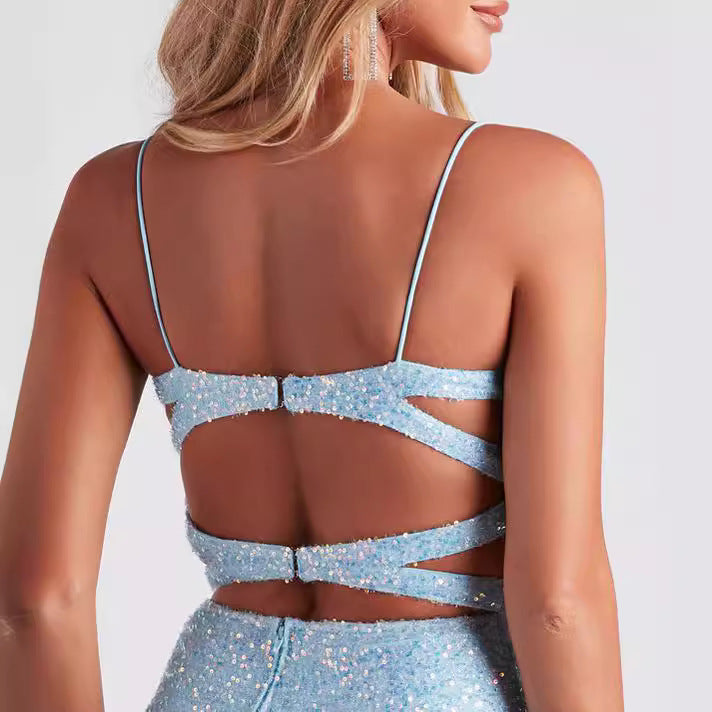 Flashing Sequ Sling Mini Dress Sexy Hip Bag Slim Fit Backless Tube Top Short