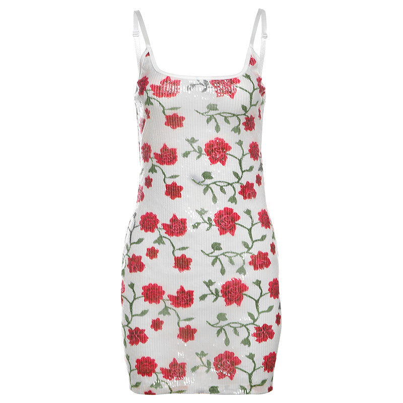 Autumn Winter Sexy Backless Slim Fit Printed Sequin Slip Dress Sexy Hip