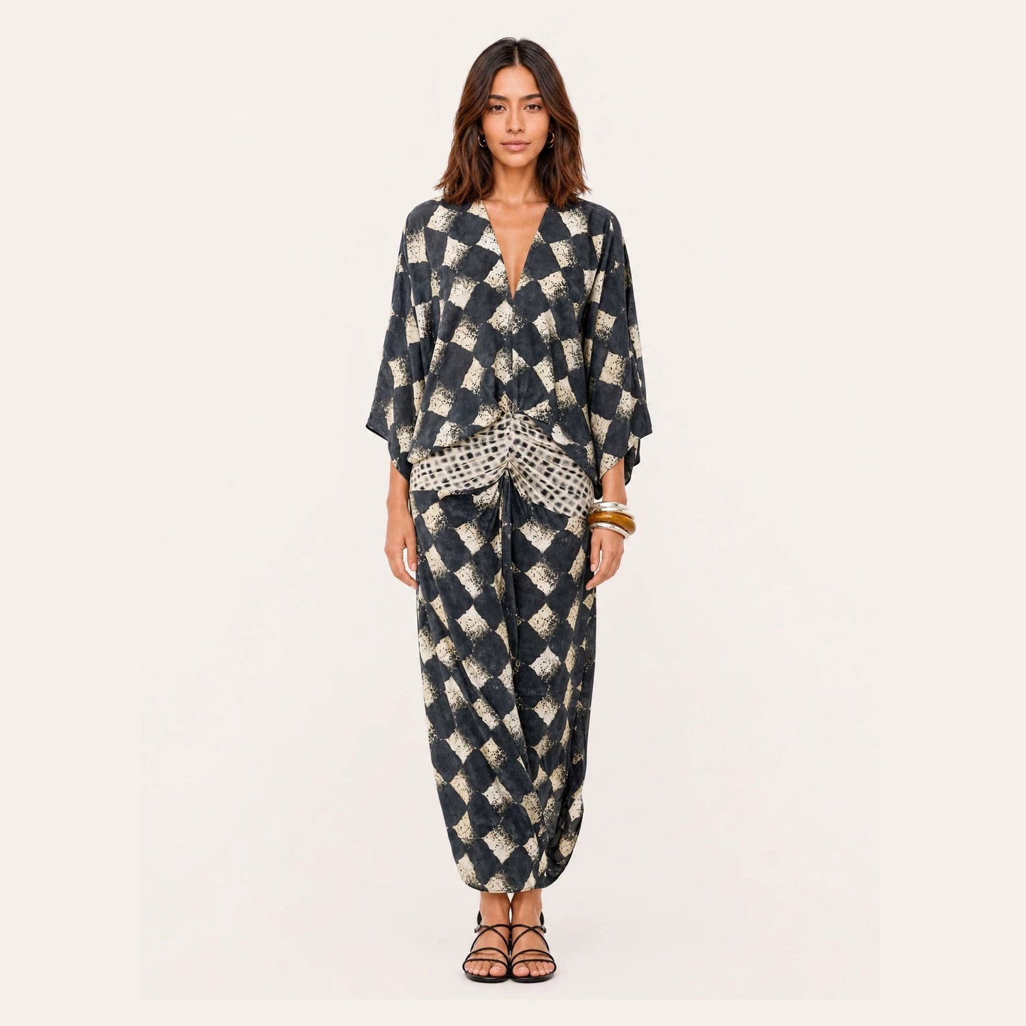 Spring Summer Artificial Linen Printed Batwing Sleeve Dress Loose Vacation Dress for Women