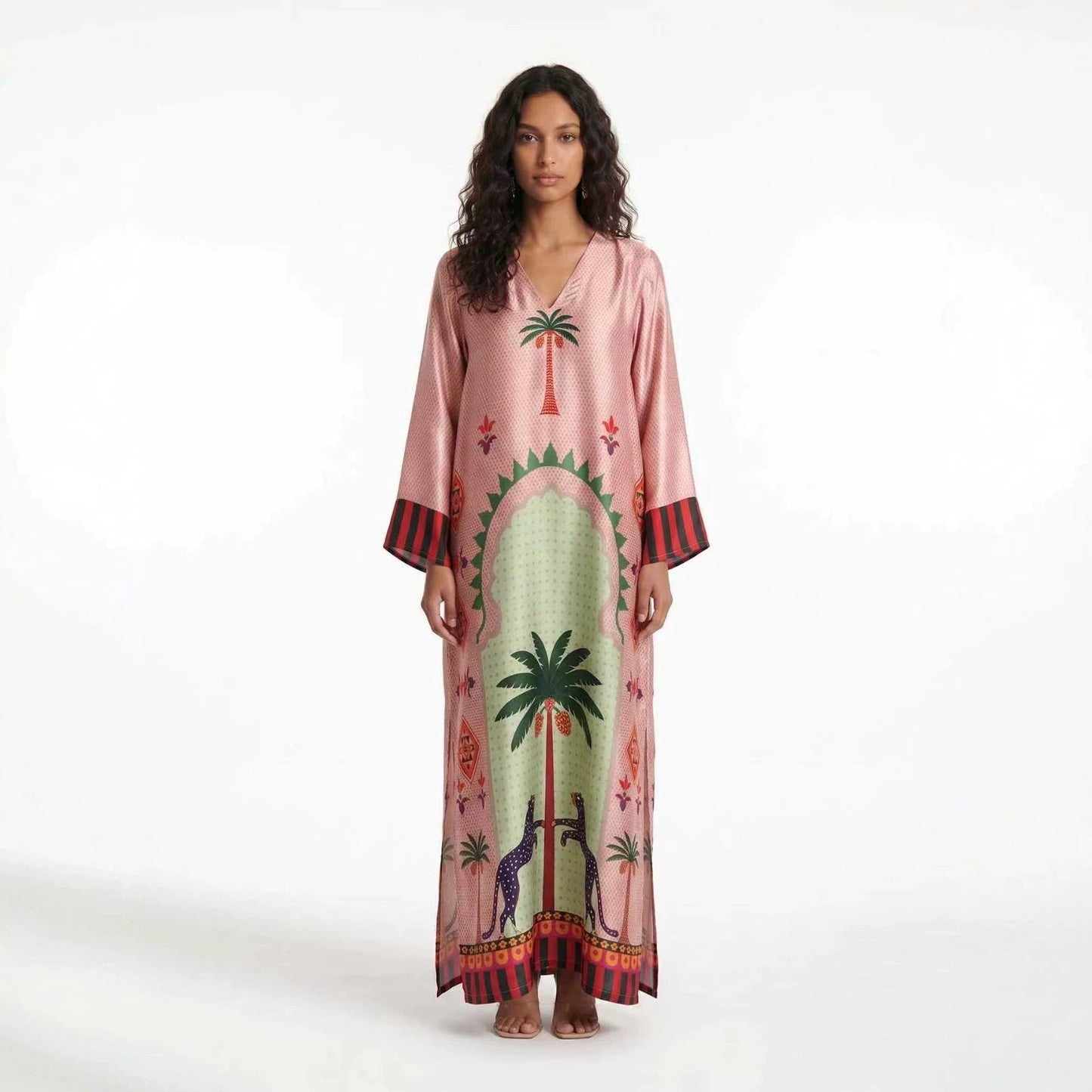 Spring Autumn Long Sleeved Positioning Satin Printed Dress Loose Split Dress