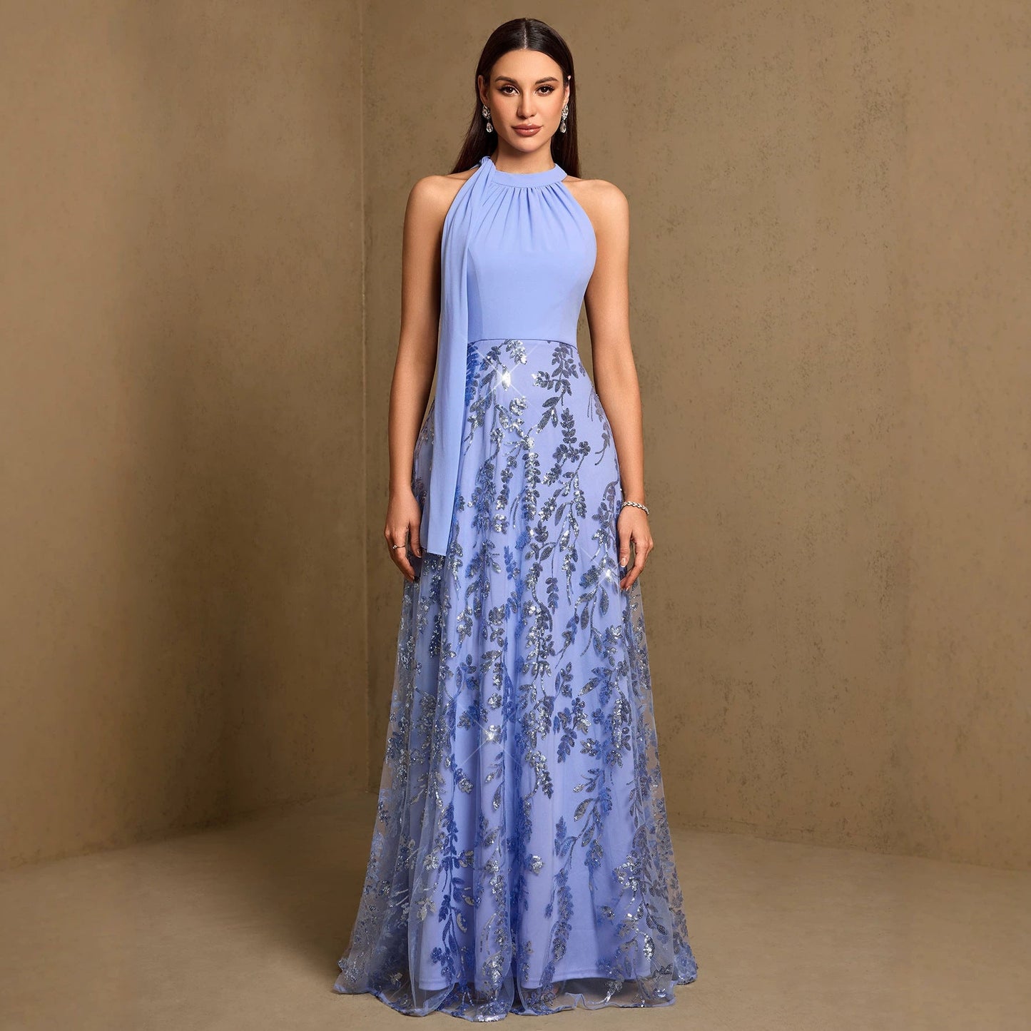 Summer Autumn Halter Elastic Ribbon Stitching Ruffle Embroidered Piece A Swing Evening Dress Party Dress