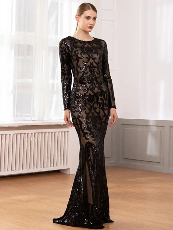 Middle East Long Sleeve Sequ Dress Long Slim Fit Hip Wrapped Cocktail Dress
