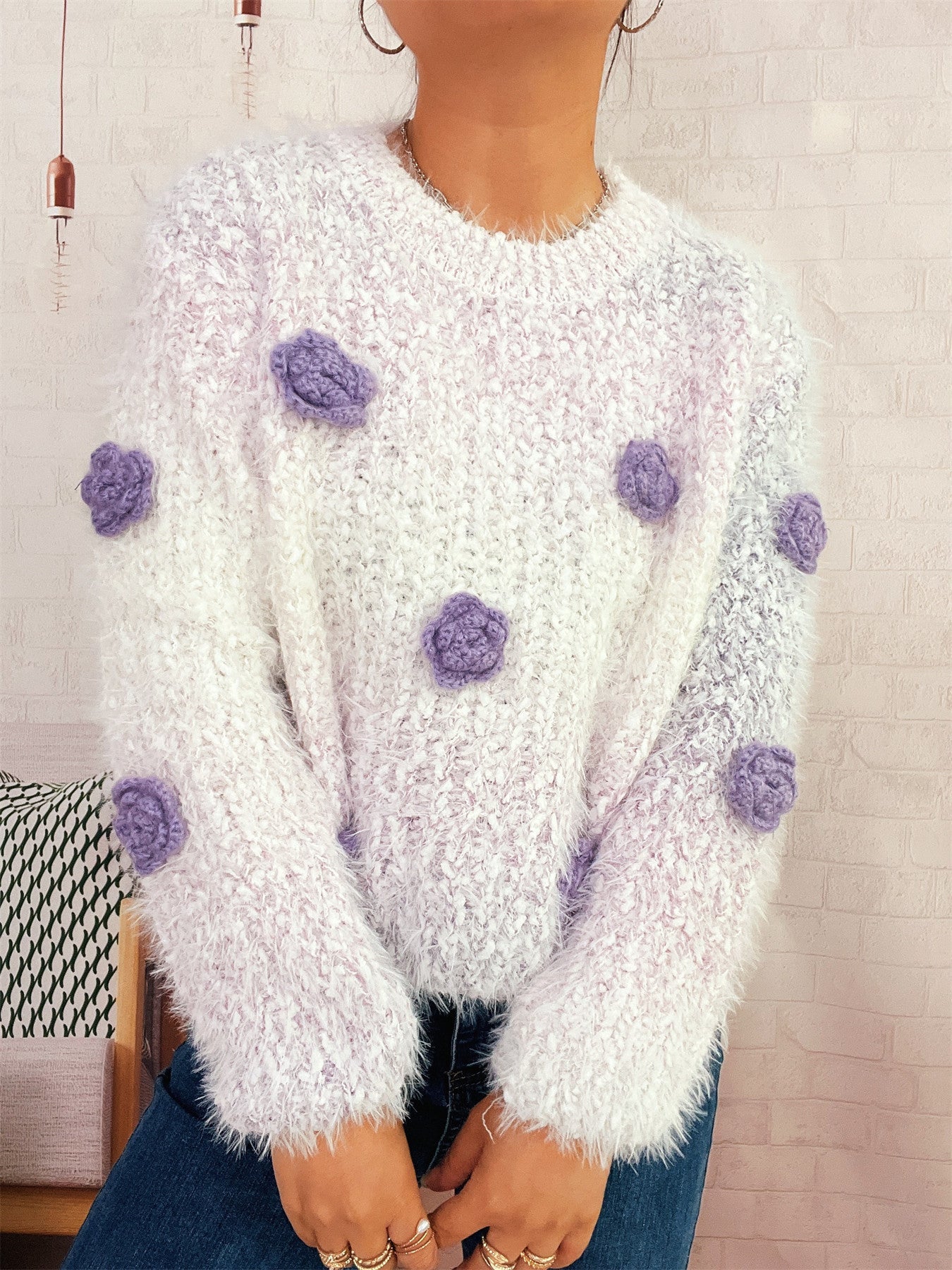Autumn Winter Gradient Color Three Dimensional Cute Floral Pink round Neck Long Sleeve Knitted Pullover Sweater