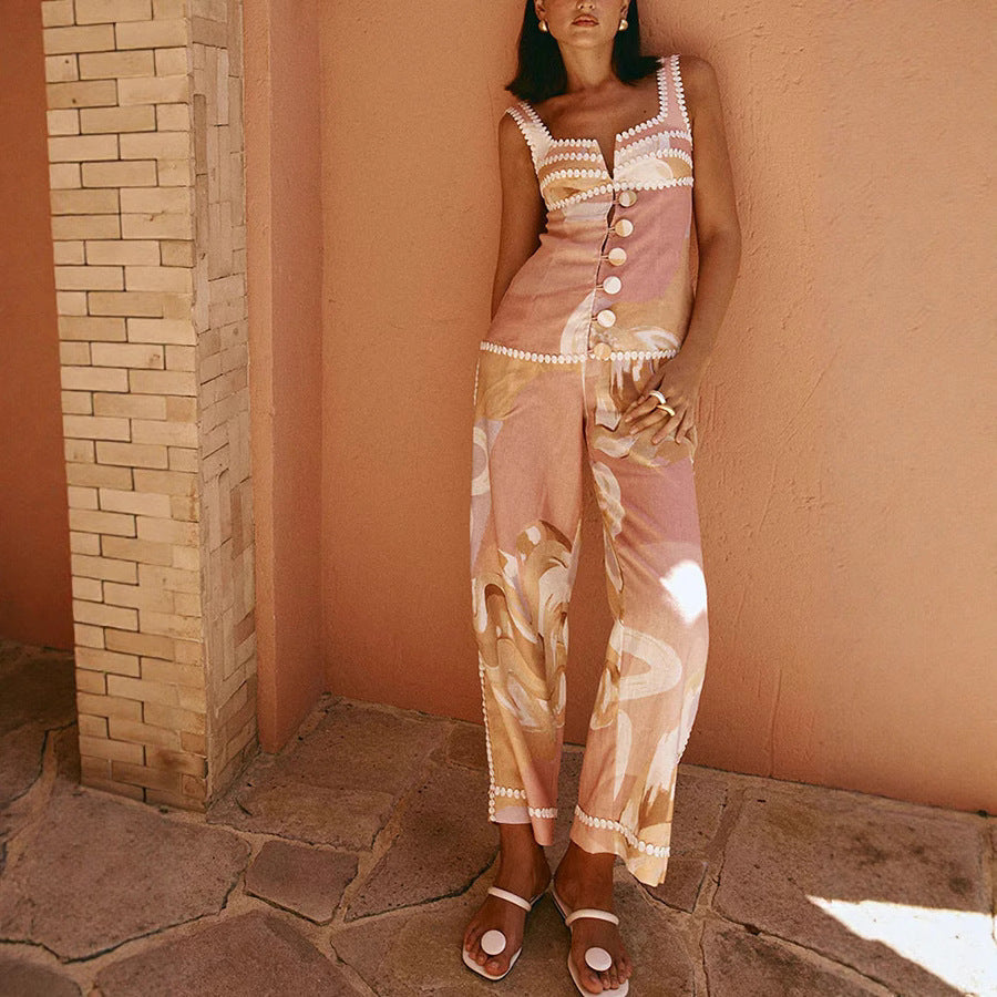 Spring Summer Sleeveless Vest Pants Printing Vacation Pocket Two Piece Set for Women