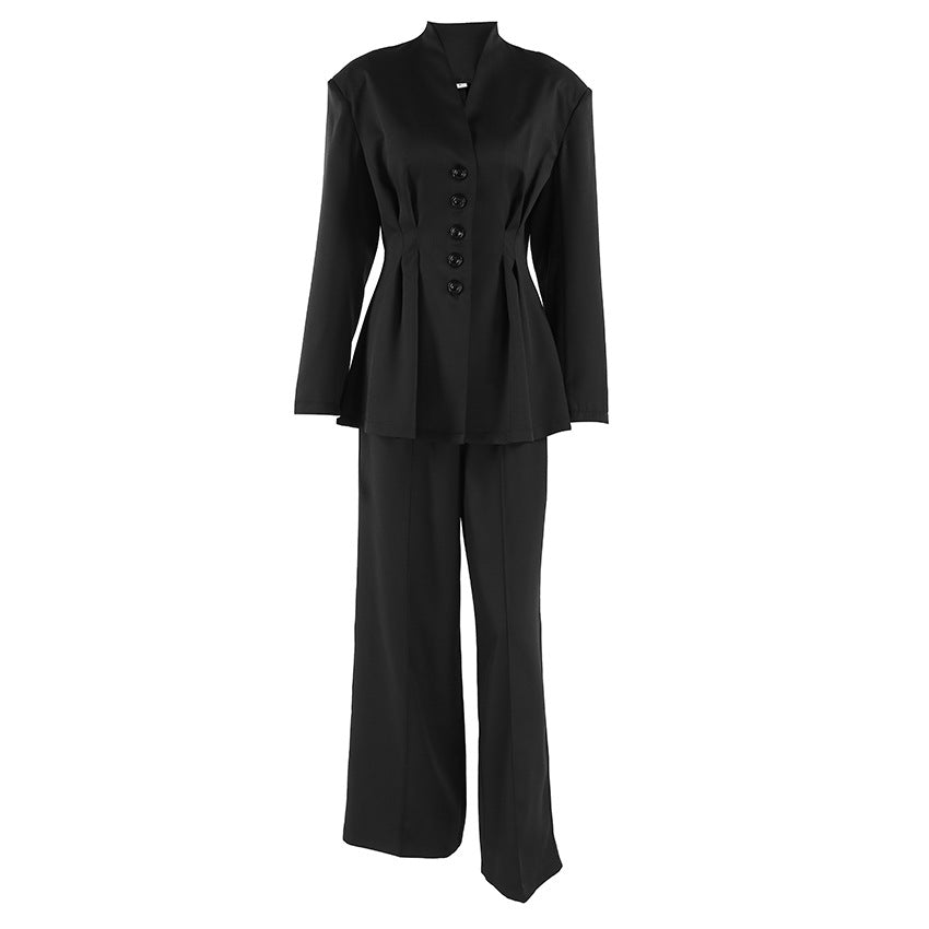 Women Clothing Fall Black High Grade Long Sleeved V neck Pleated Waist Tight Blazer Trousers Two Piece Set
