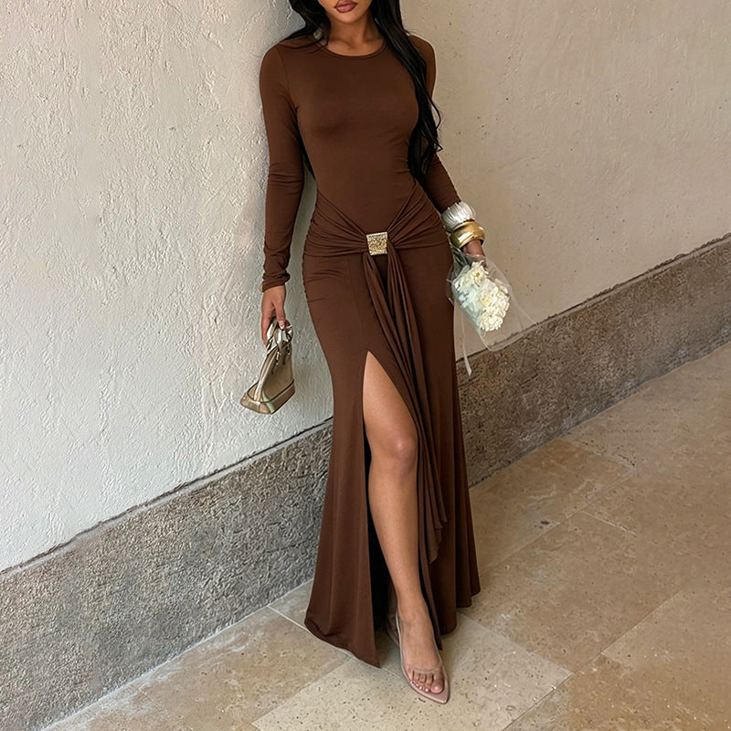 Metal Buckle Lace up Waist-Controlled Split Slimming Sexy Formal Dress Long Sleeve Dress