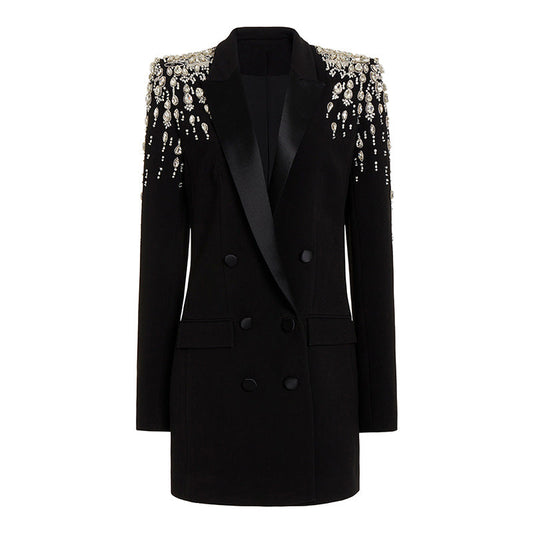 Star Handmade Gorgeous Heavy Industry Beads Diamond Embedded Slim Fit Long Blazer