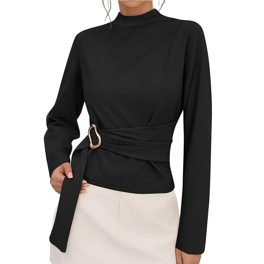 Women Office Solid Color Long Sleeve Belt Buckle Decorative Top