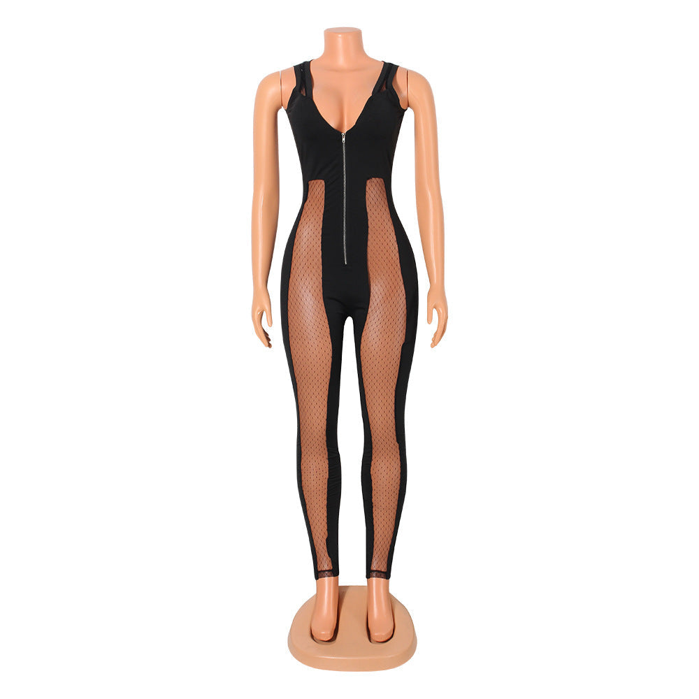 Autumn Winter WomenClothing Sexy Mesh See through Stitching Jumpsuit Women